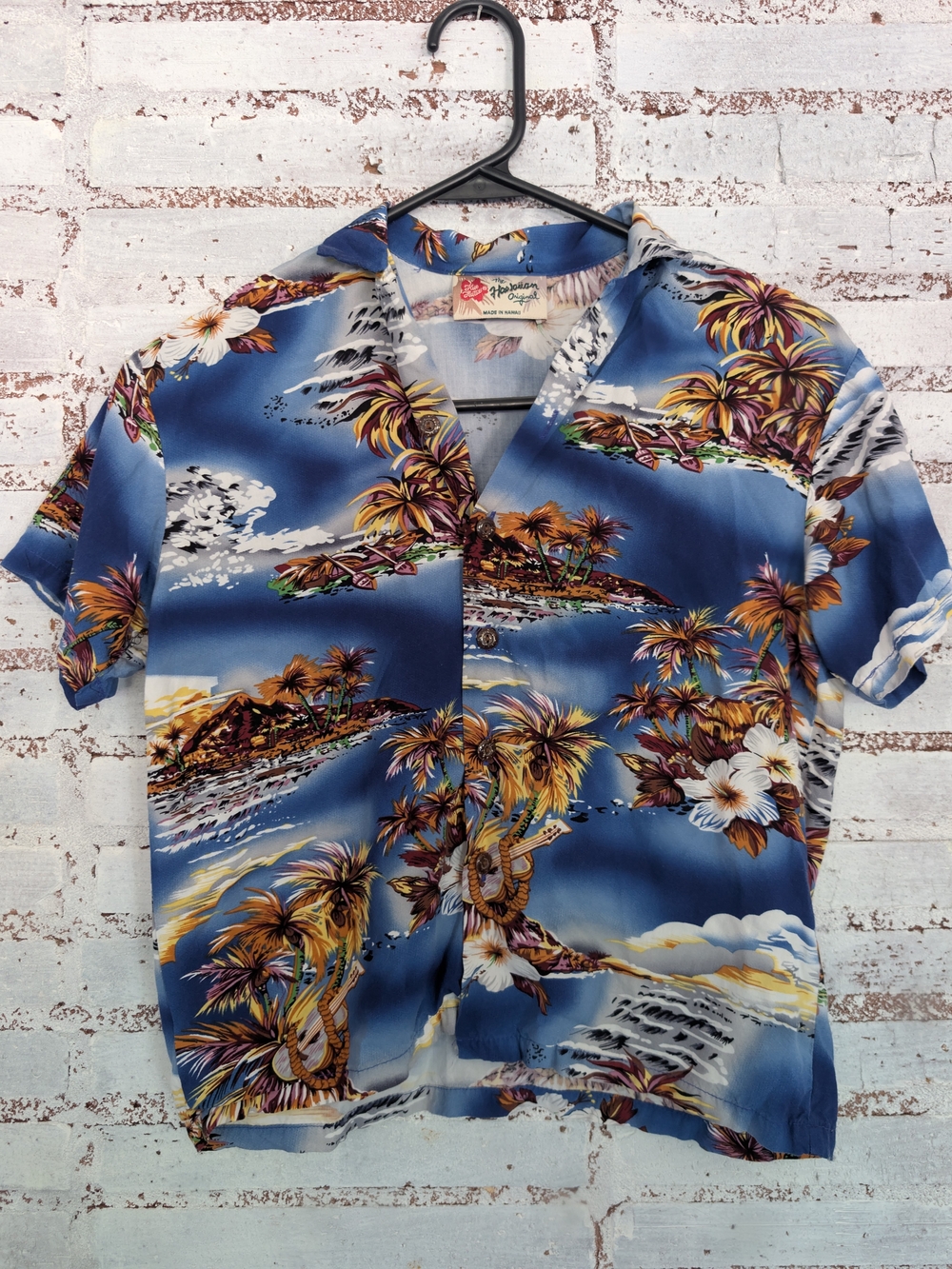 Vintage Hilo Hattie Blue Tropical Island Print Button-Down Shirt